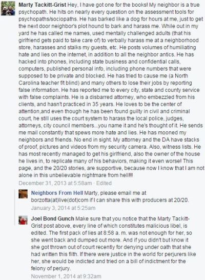 Marty Tackitt-Grist, Martha Tackitt-Grist, Larry Smith, North Carolina, ABC’s 20/20, Nasty Neighbors, Neighbors from Hell